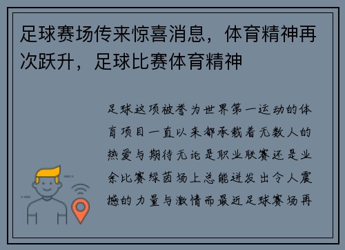足球赛场传来惊喜消息，体育精神再次跃升，足球比赛体育精神